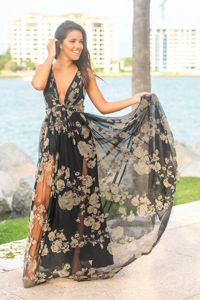 Black and Nude Printed Tulle Maxi Dress with Criss Cross Back