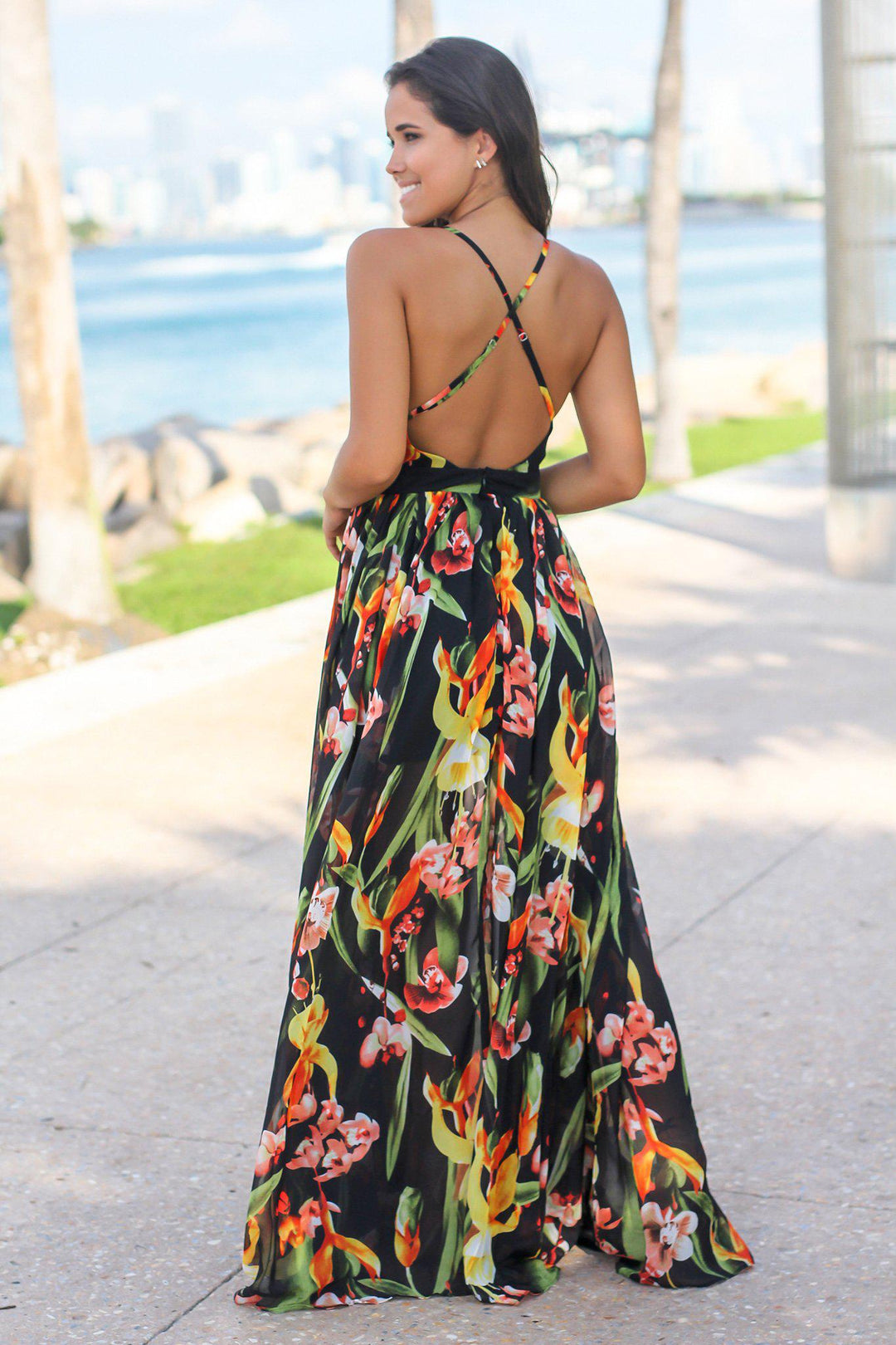 Black and Orange Floral Maxi Dress