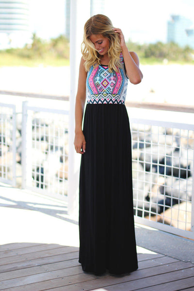 Black and Pink Aztec Maxi Dress
