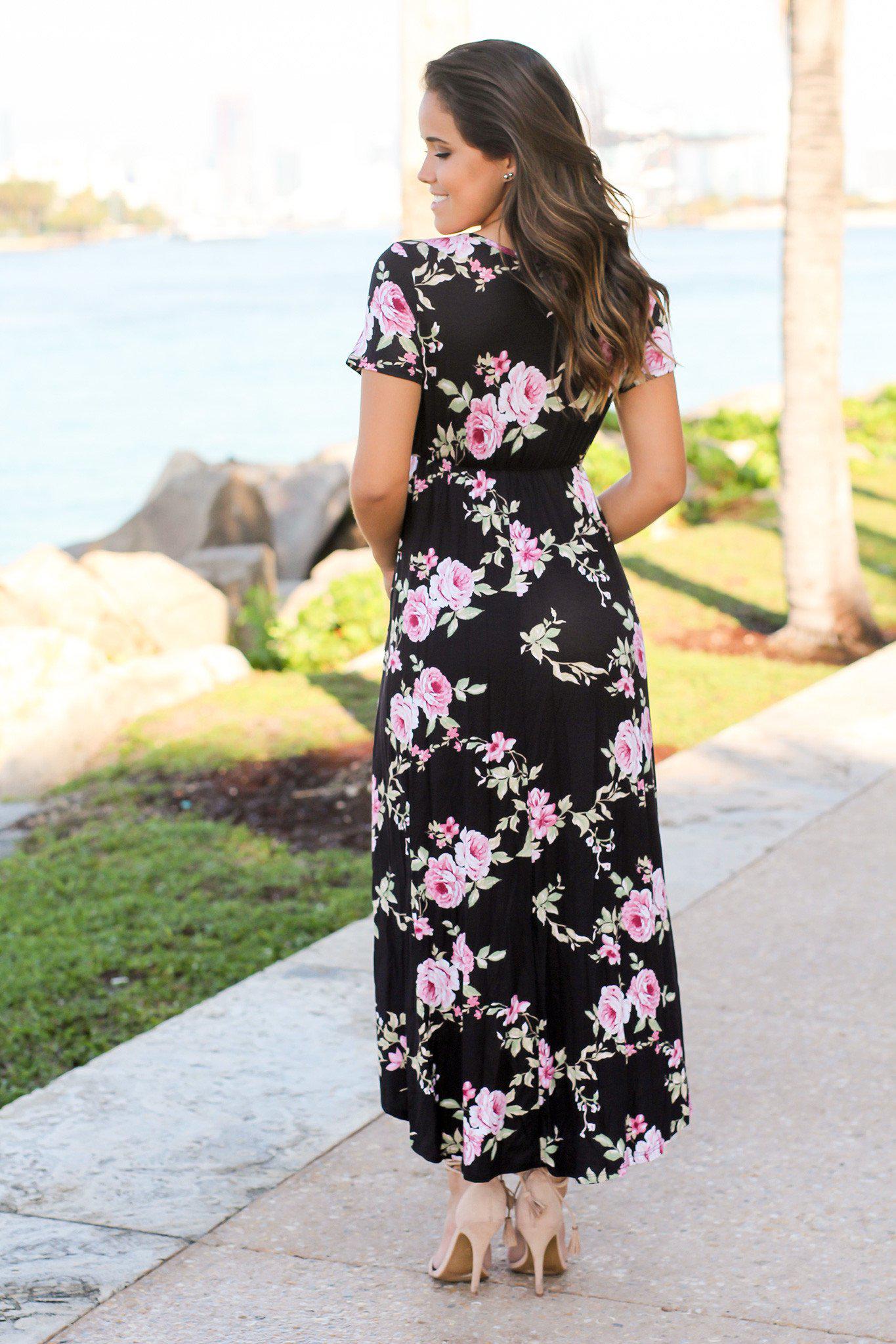 Black and Pink Floral High Low Dress