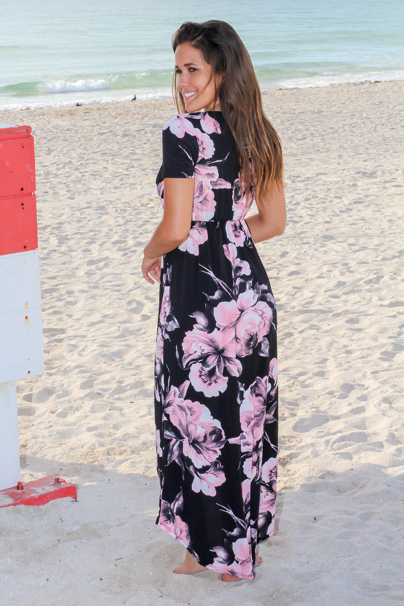 Black and Pink Floral High Low Wrap Dress