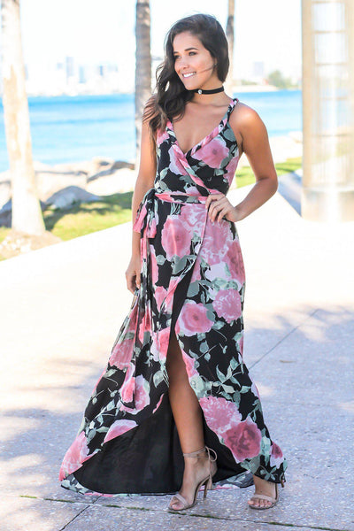Black and Pink Floral Wrap Dress