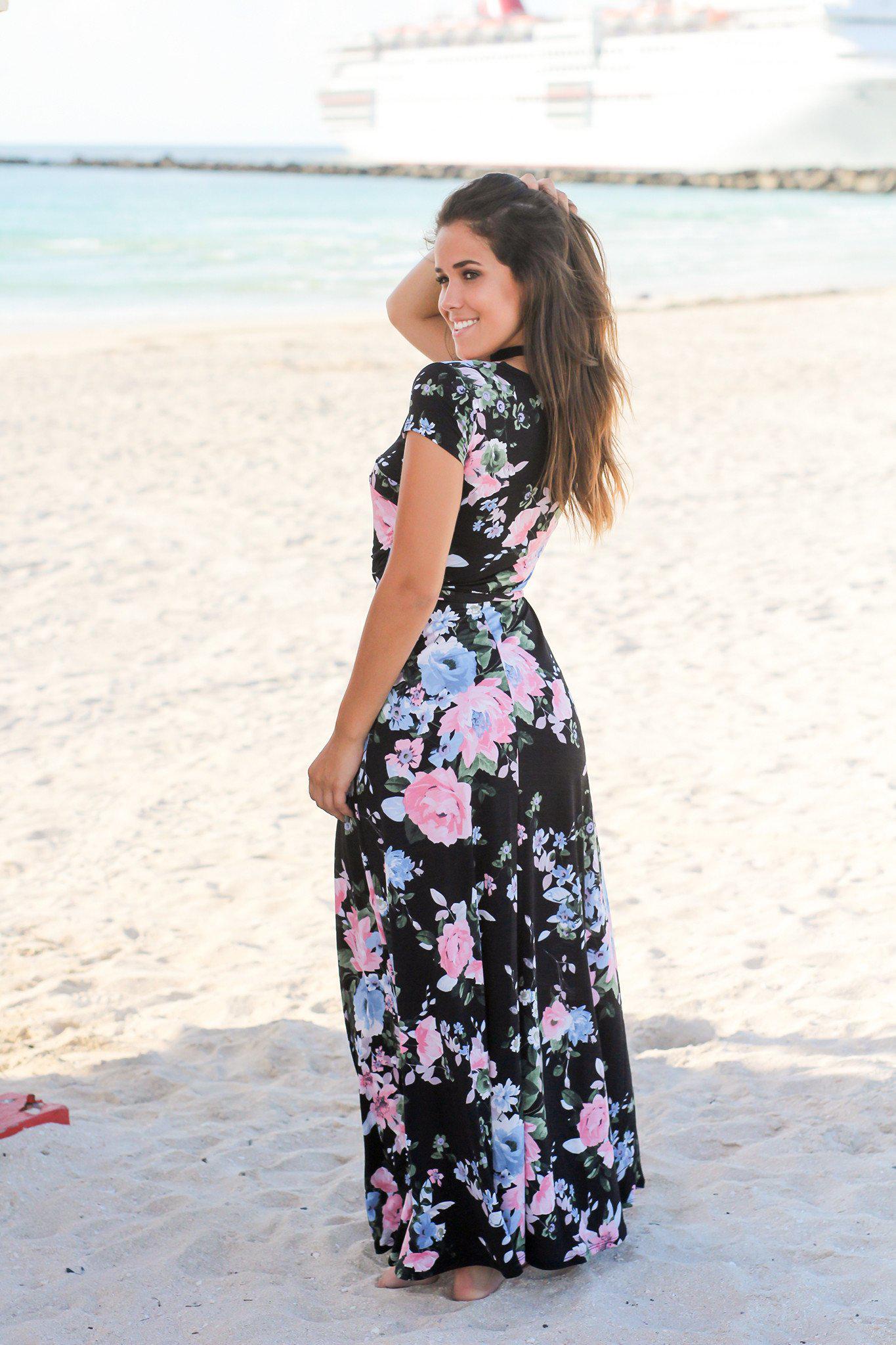 Black and Pink Floral Wrap Maxi Dress