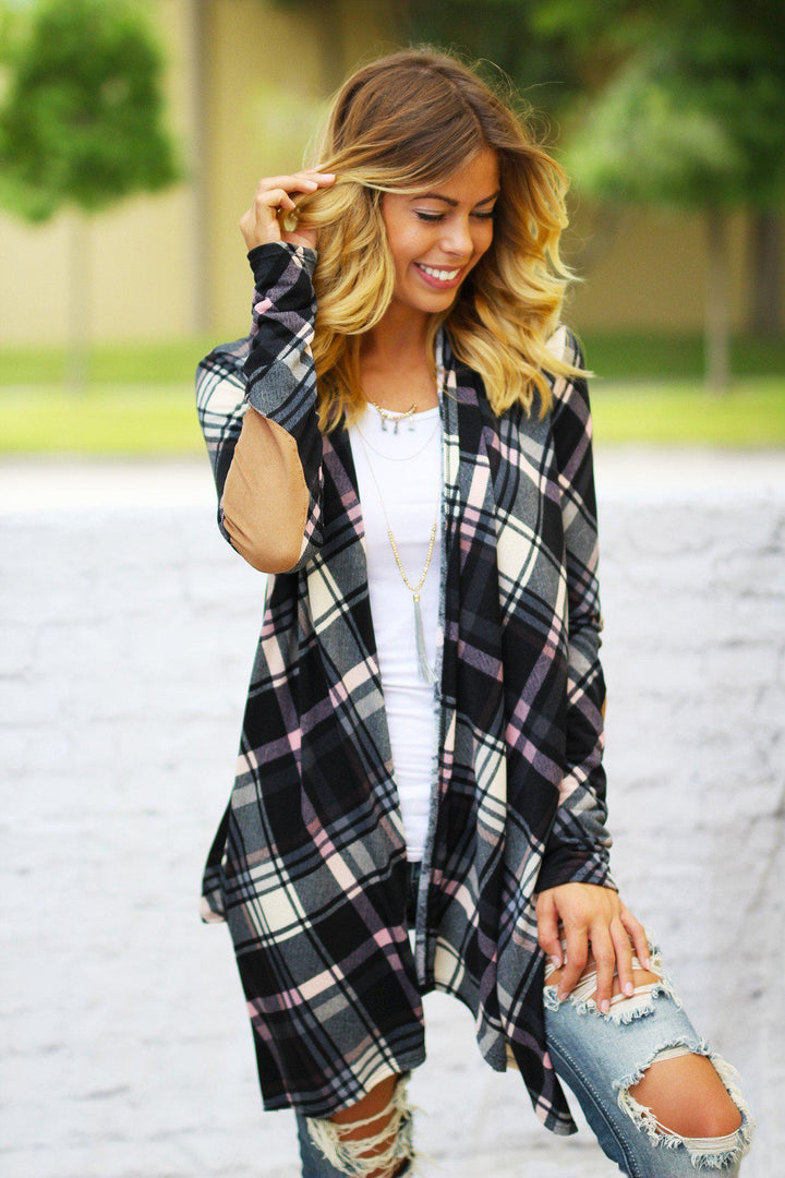 Plaid cardigan with elbow patches hotsell