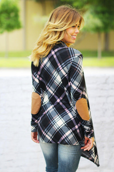 Black and Pink Plaid Cardigan With Elbow Patches