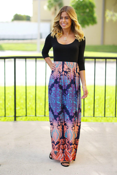 Black And Purple Maxi Dress With Multi Color Printed Bottom