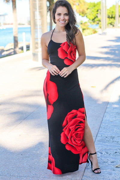 Black and Red Floral Maxi Dress with Strappy Back
