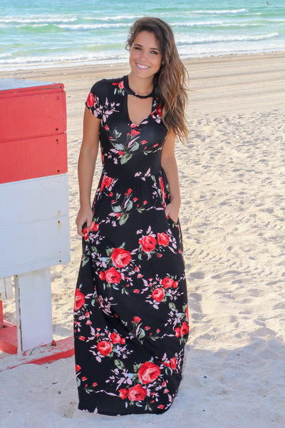 Black and Red Floral Mock Neck Maxi Dress