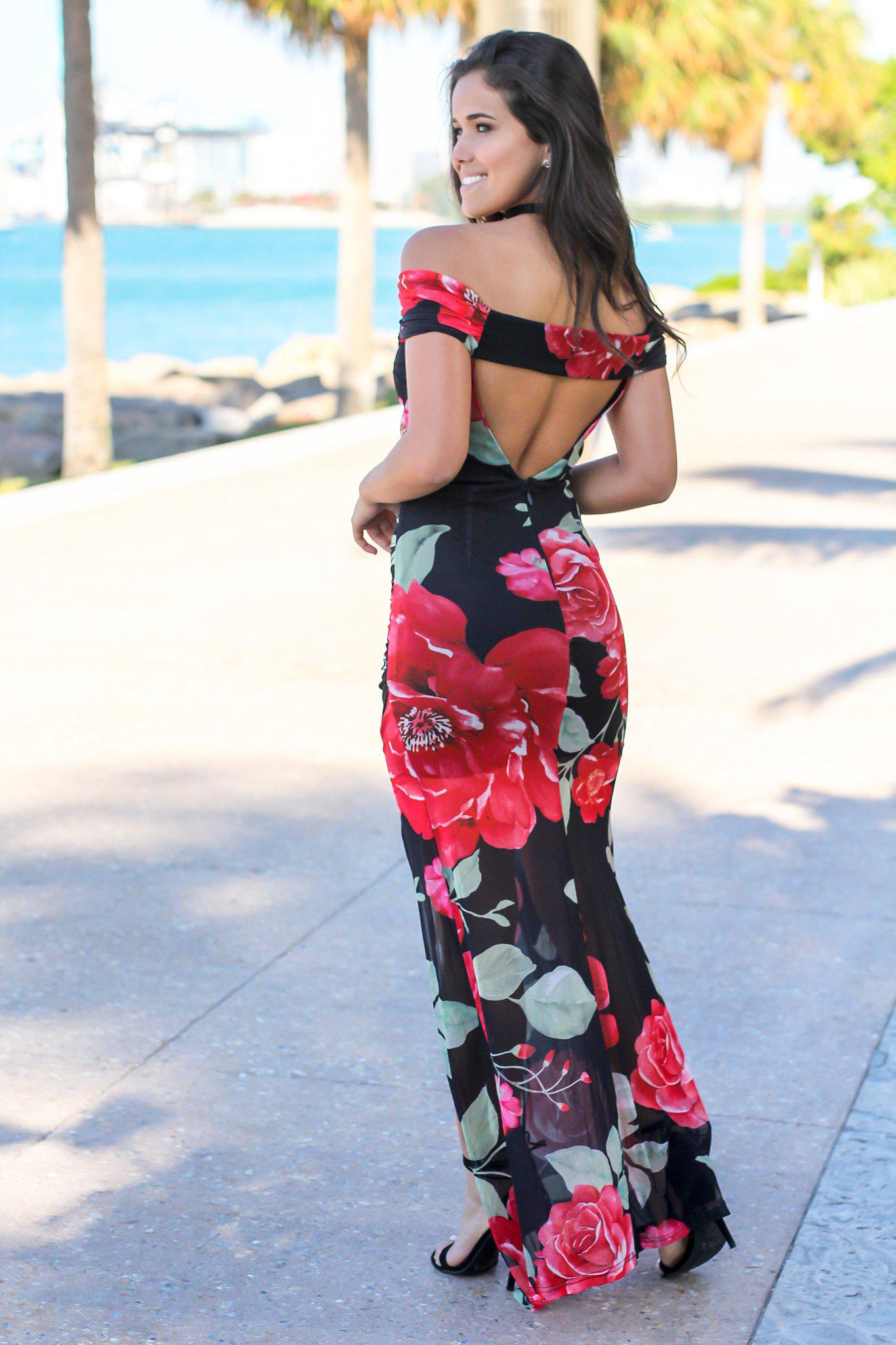 Black and Red Floral Off Shoulder Maxi Dress with Open Back Maxi