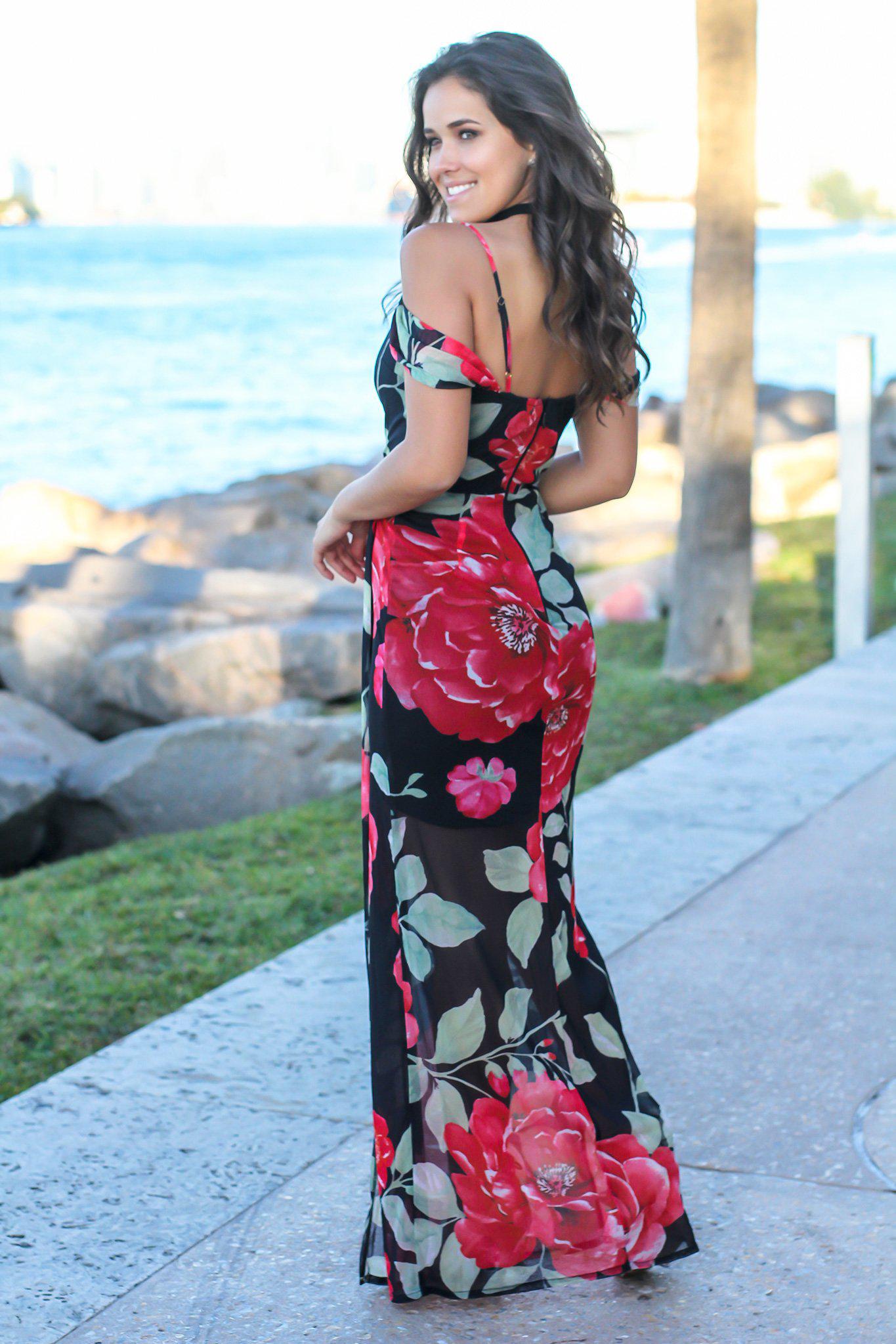 Black and Red Floral Off Shoulder Maxi Dress with Side Slit