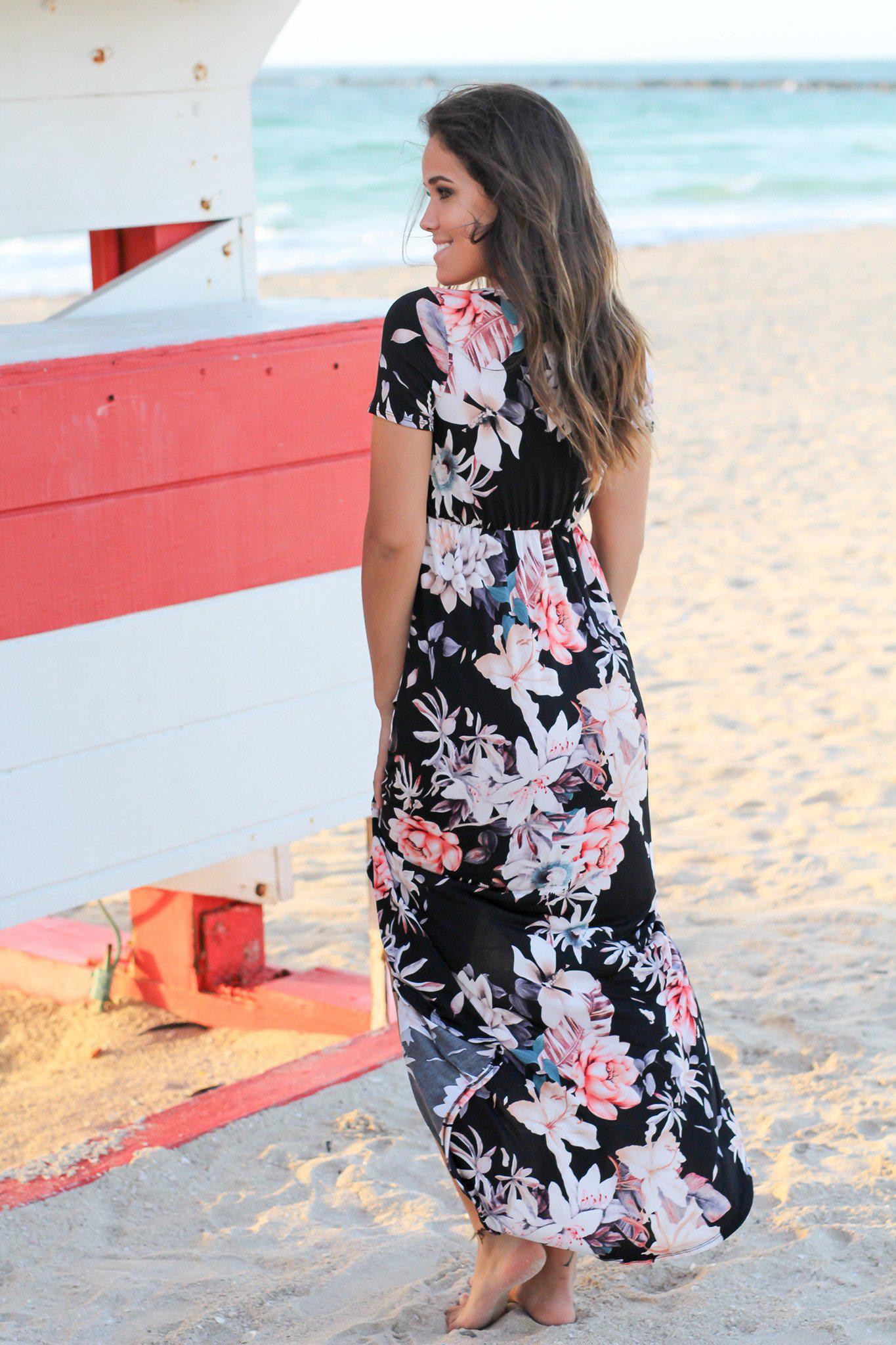 Black and Rose Floral High Low Dress