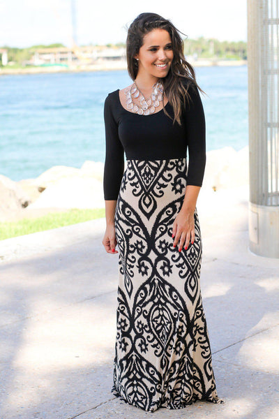 Black and Taupe Printed Maxi Dress with Criss Cross Back