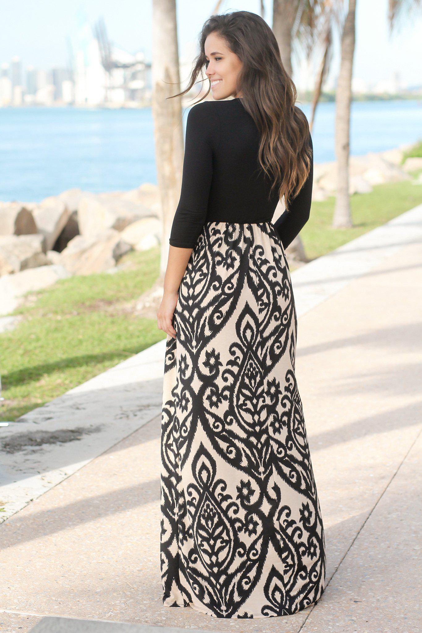 Black and Taupe Printed Maxi Dress with Criss Cross Top