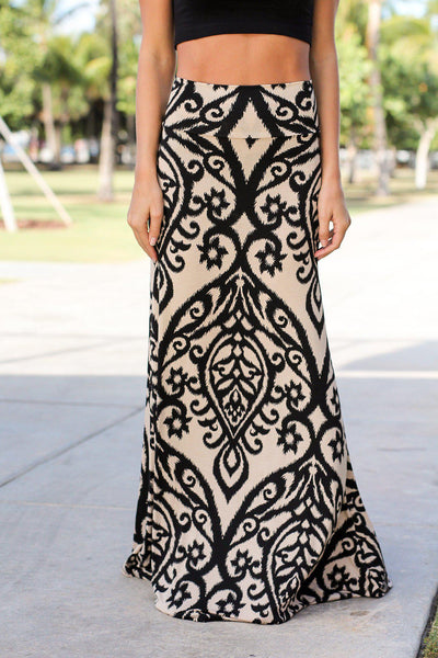 Black and Taupe Printed Maxi Skirt