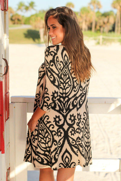Black and Taupe Printed Swing Dress with 3/4 Sleeves