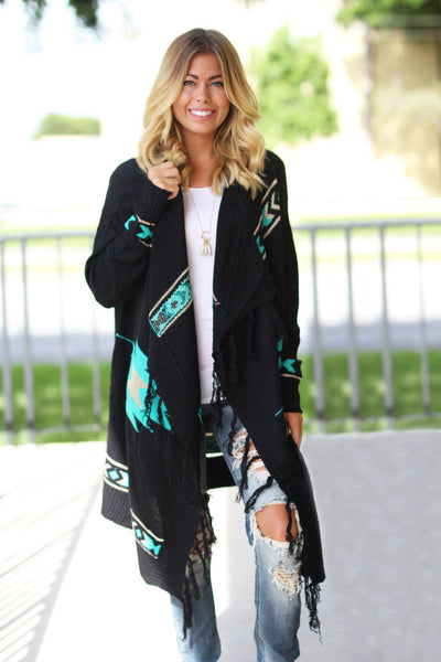 black and teal cardigan