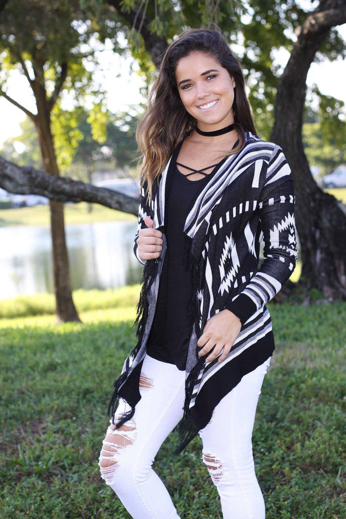Black and White Fringe Cardigan | Black And White Open Cardigan – Saved