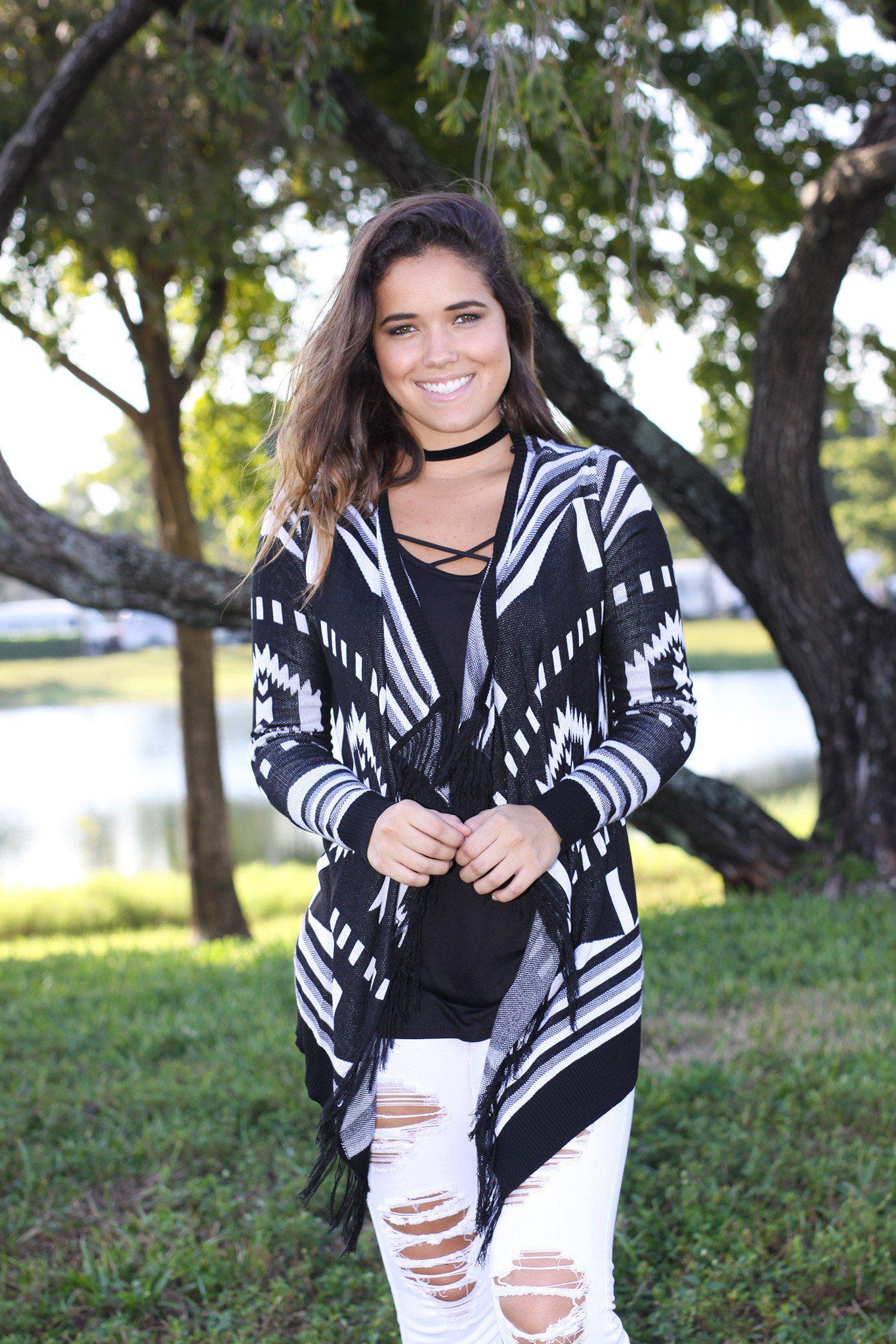 black and white open cardigan