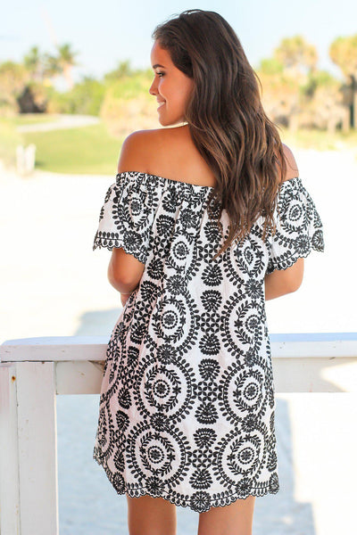 Black and White Off Shoulder Embroidered Short Dress