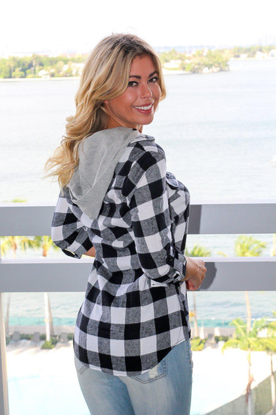 Black and White Plaid Top with Hood