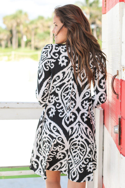 Black and White Printed 3/4 Sleeve Dress with Keyhole