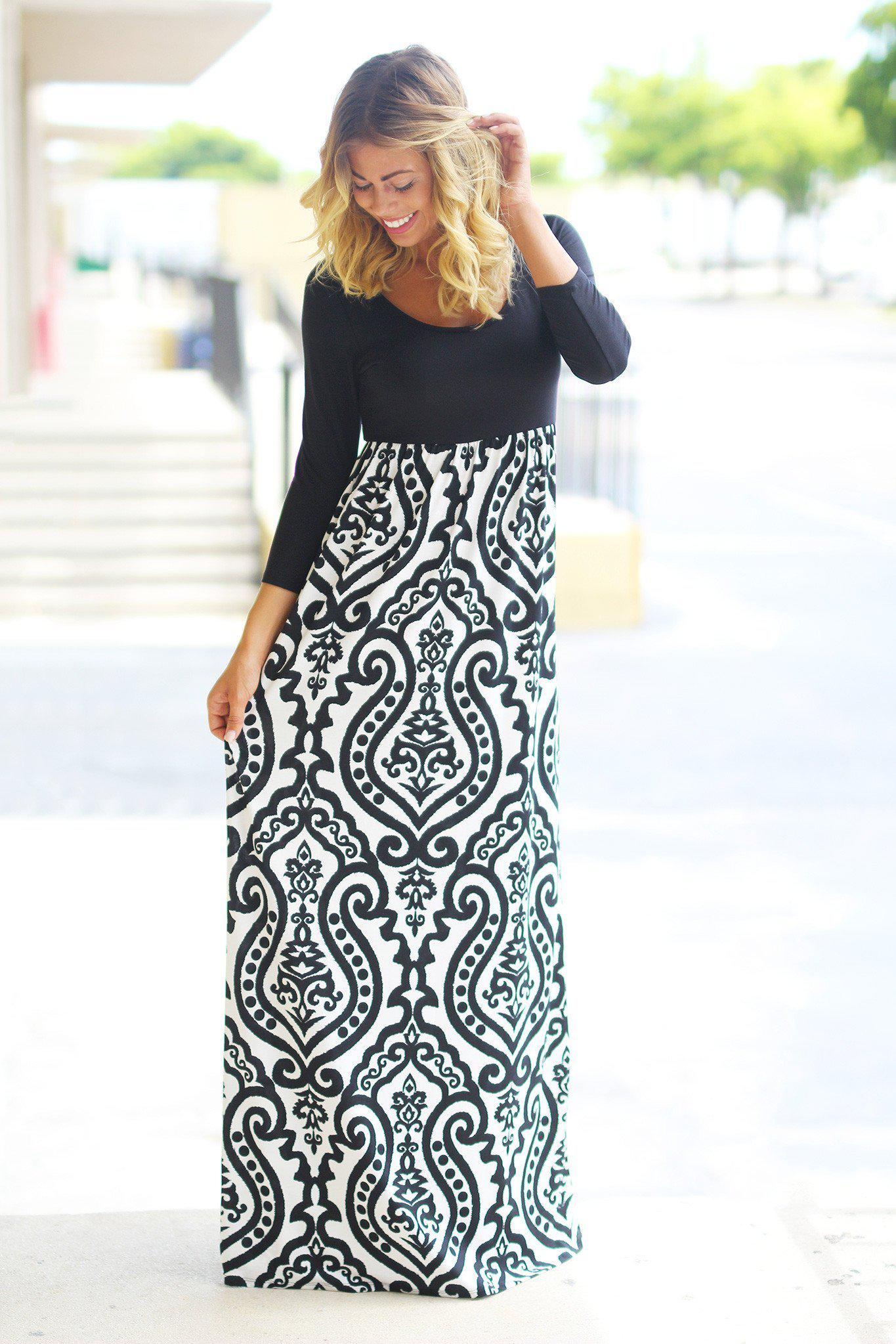 Black and White Printed Maxi Dress With 3/4 Sleeves