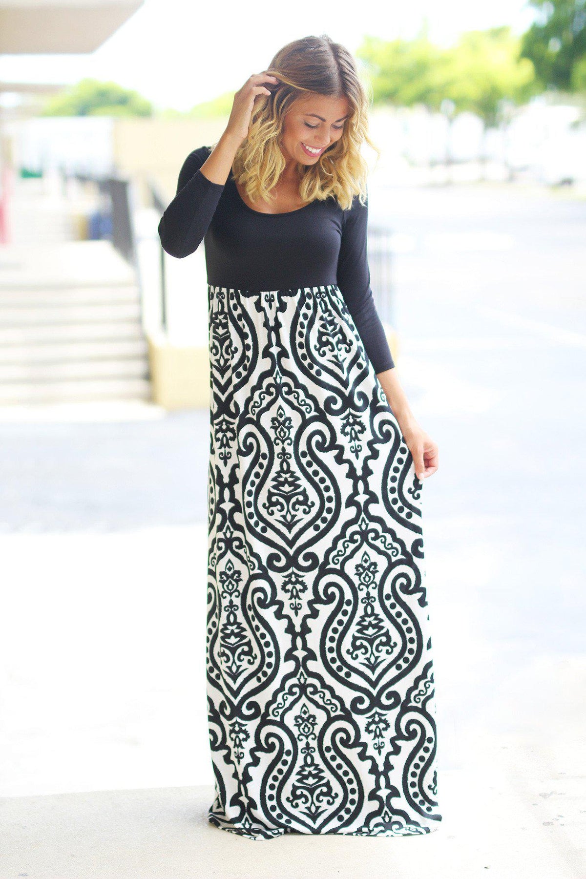 Black and White Printed Maxi Dress With 3/4 Sleeves Saved by the Dress — free download