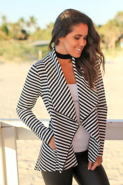 Black and White Striped Asymmetrical Jacket with Zipper