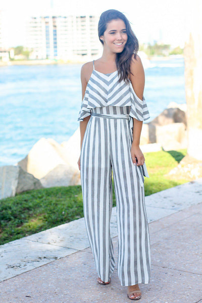Black and White Striped Open Shoulder Jumpsuit | Jumpsuits – Saved by ...