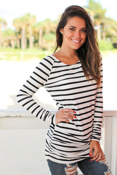 Black and White Striped Ruched Tunic