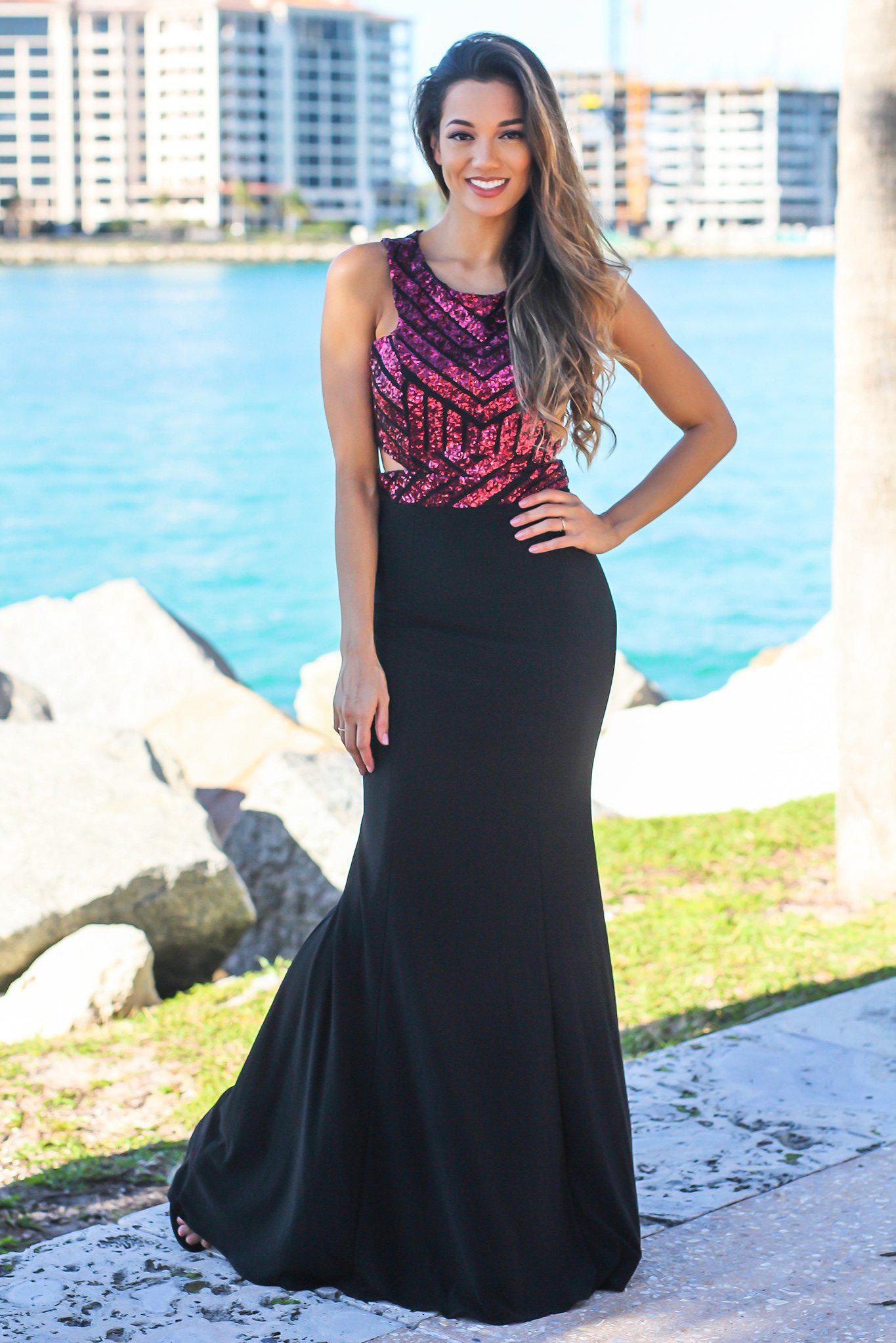 Black and Wine Sequin Top Maxi Dress with Cut Outs
