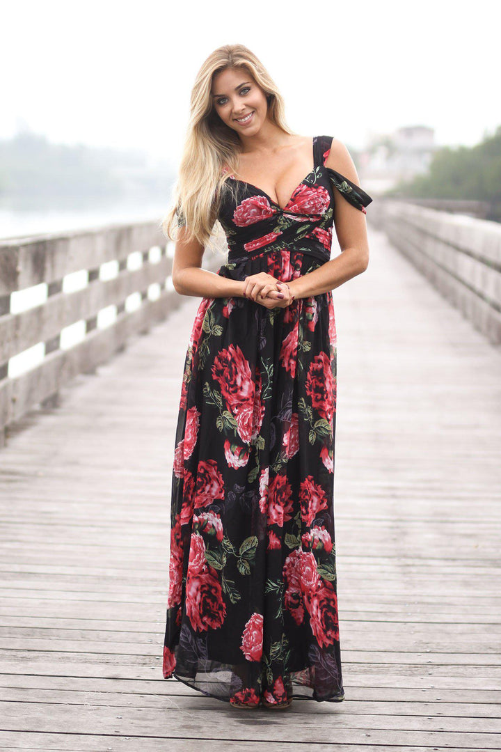 Black Floral Off Shoulder Maxi Dress | Maxi Dress