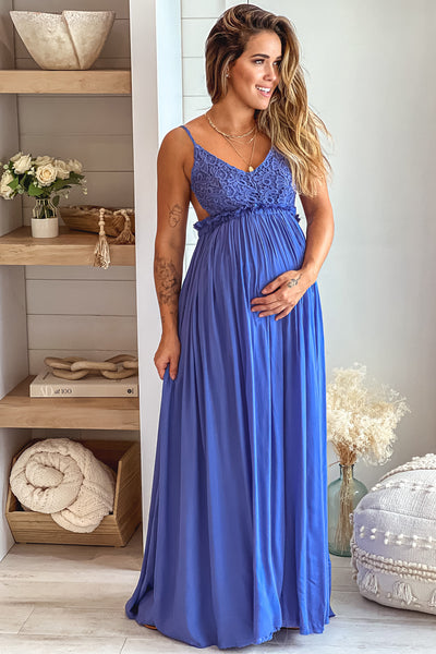 Blue Crochet Top Maternity Maxi Dress with Frayed Hem
