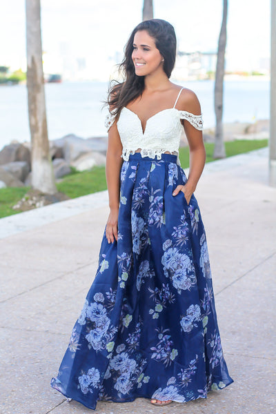 Blue Crochet Top Floral Maxi Dress