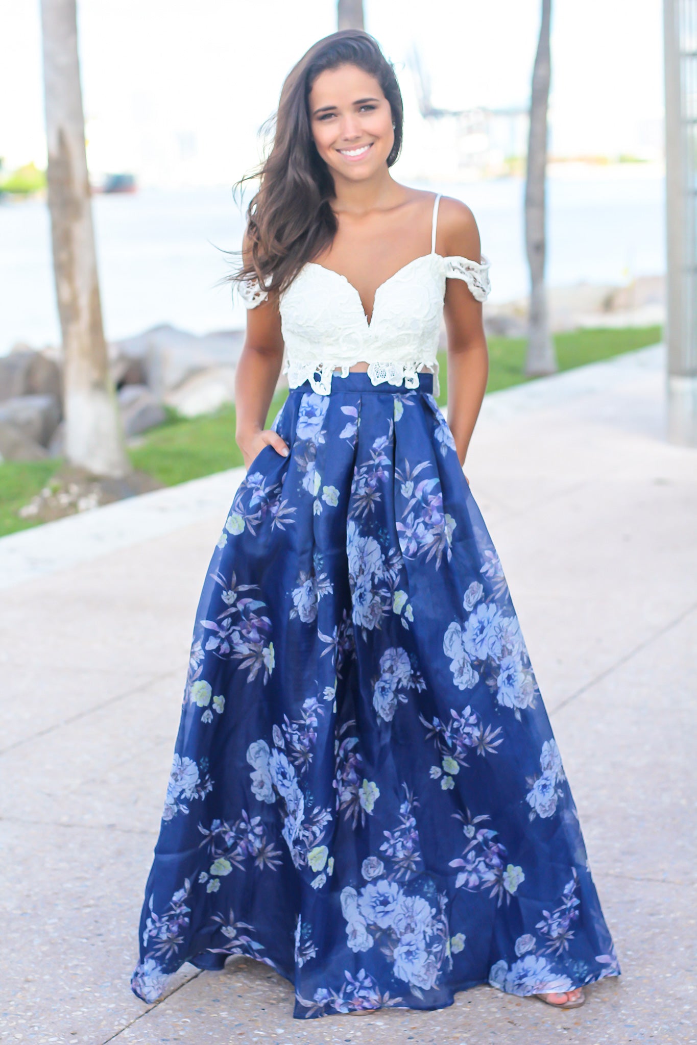 Blue Crochet Top Floral Maxi Dress