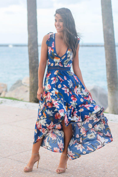 Blue Floral High Low Dress with Crochet Open Back Detail