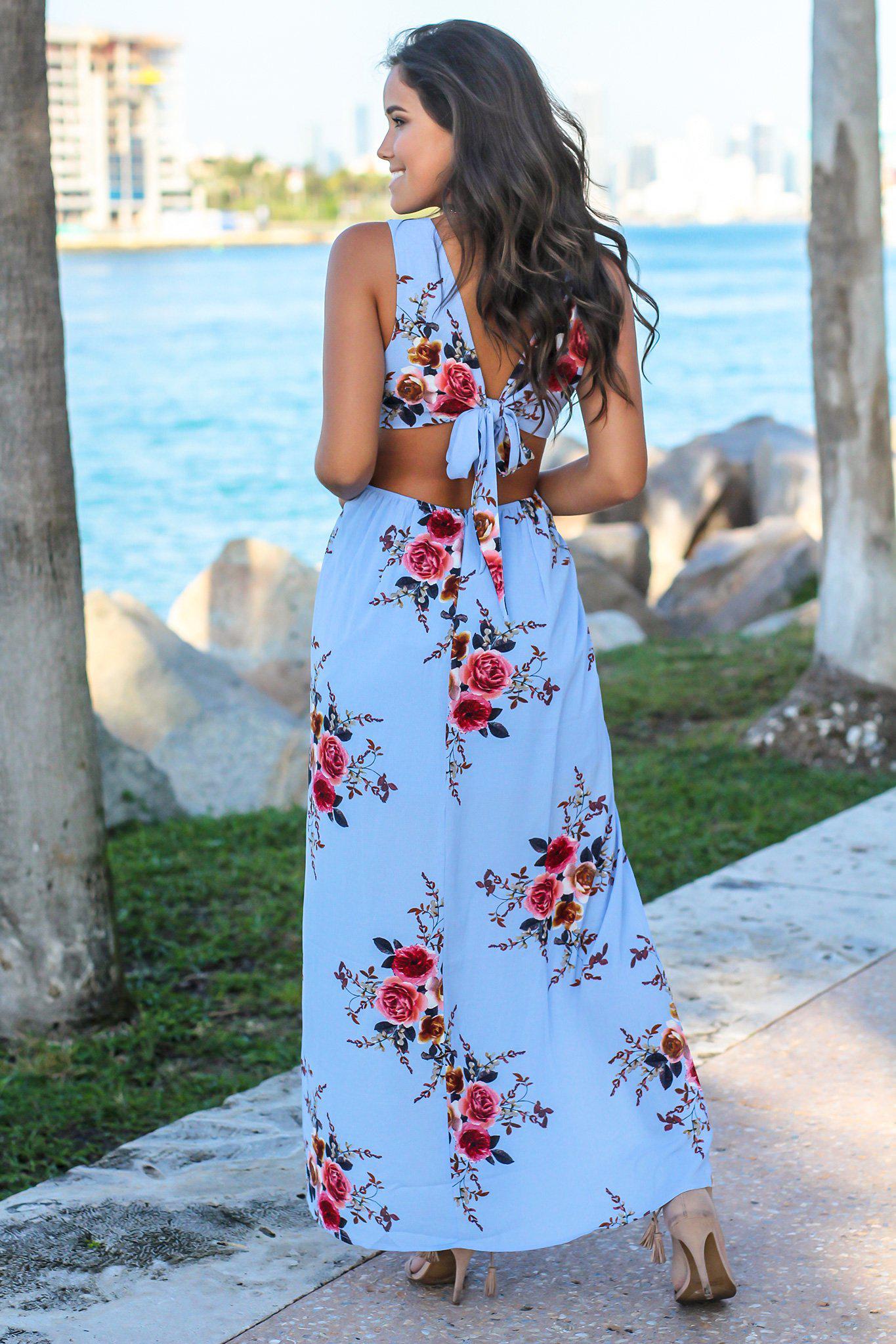 Blue Floral Maxi Dress with Cut Outs