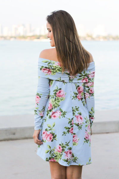 Blue Floral Off Shoulder Short Dress