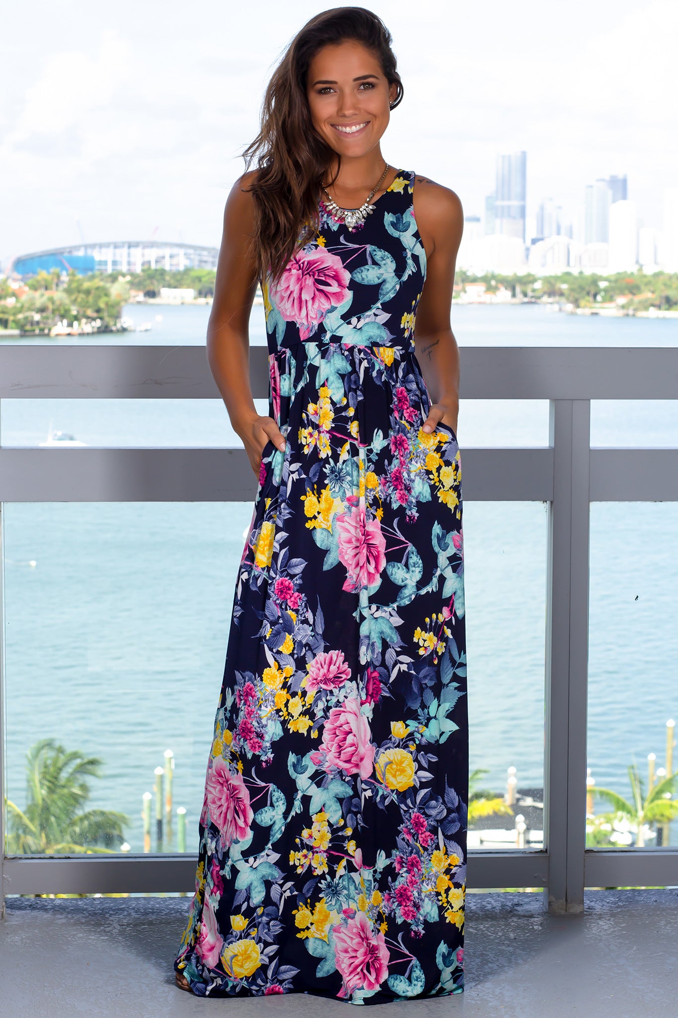 Blue Floral Printed Maxi Dress with Pockets