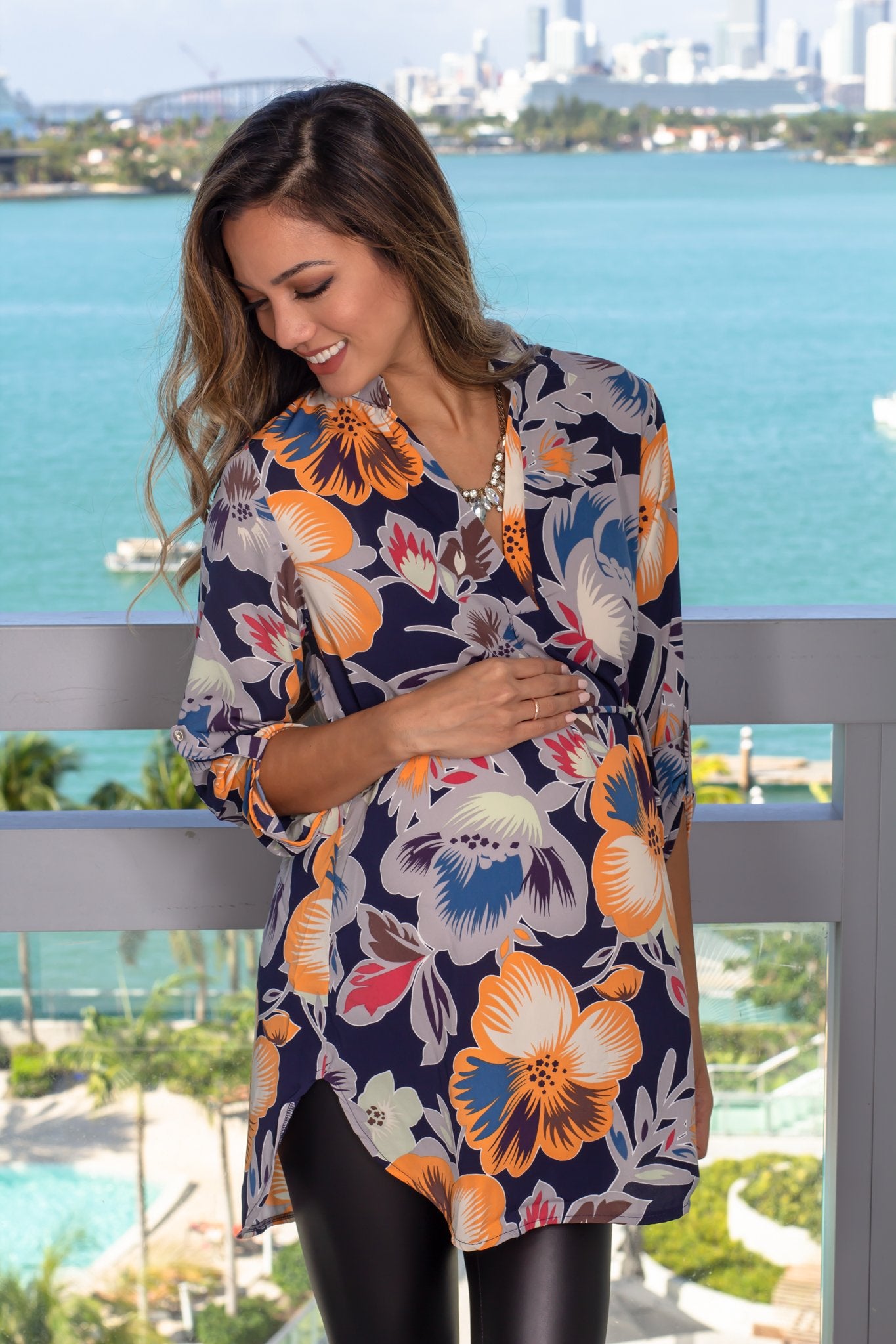 Blue Floral Top with 3/4 Sleeves