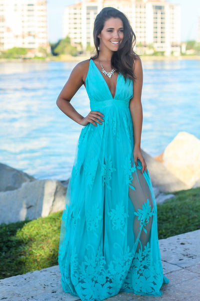 Blue Floral Tulle Maxi Dress with Criss Cross Back