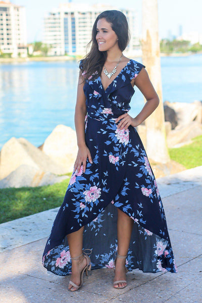 Blue Floral Wrap Dress with Ruffle Sleeves
