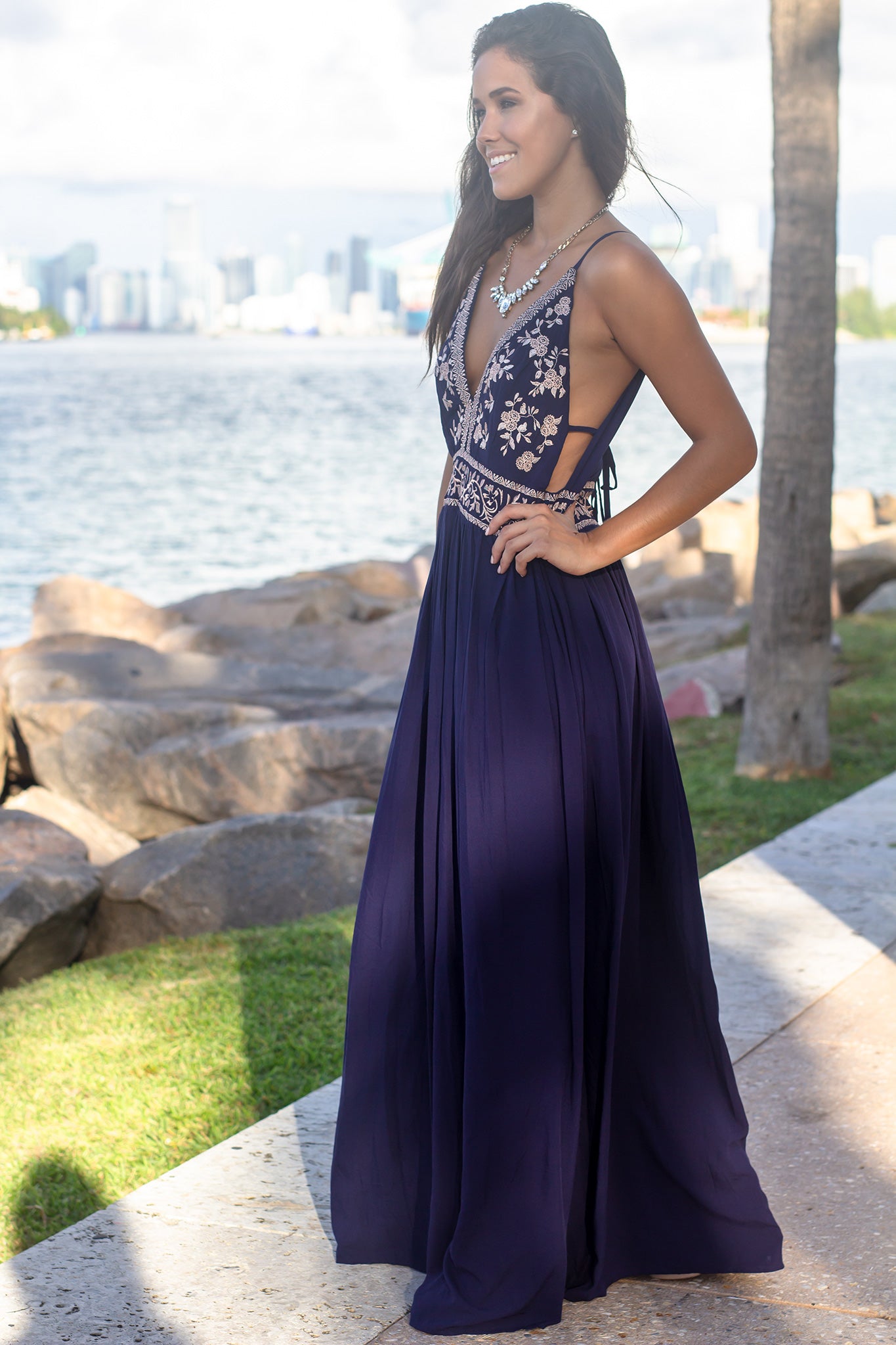 Blue Maxi Dress with Floral Embroidered Top