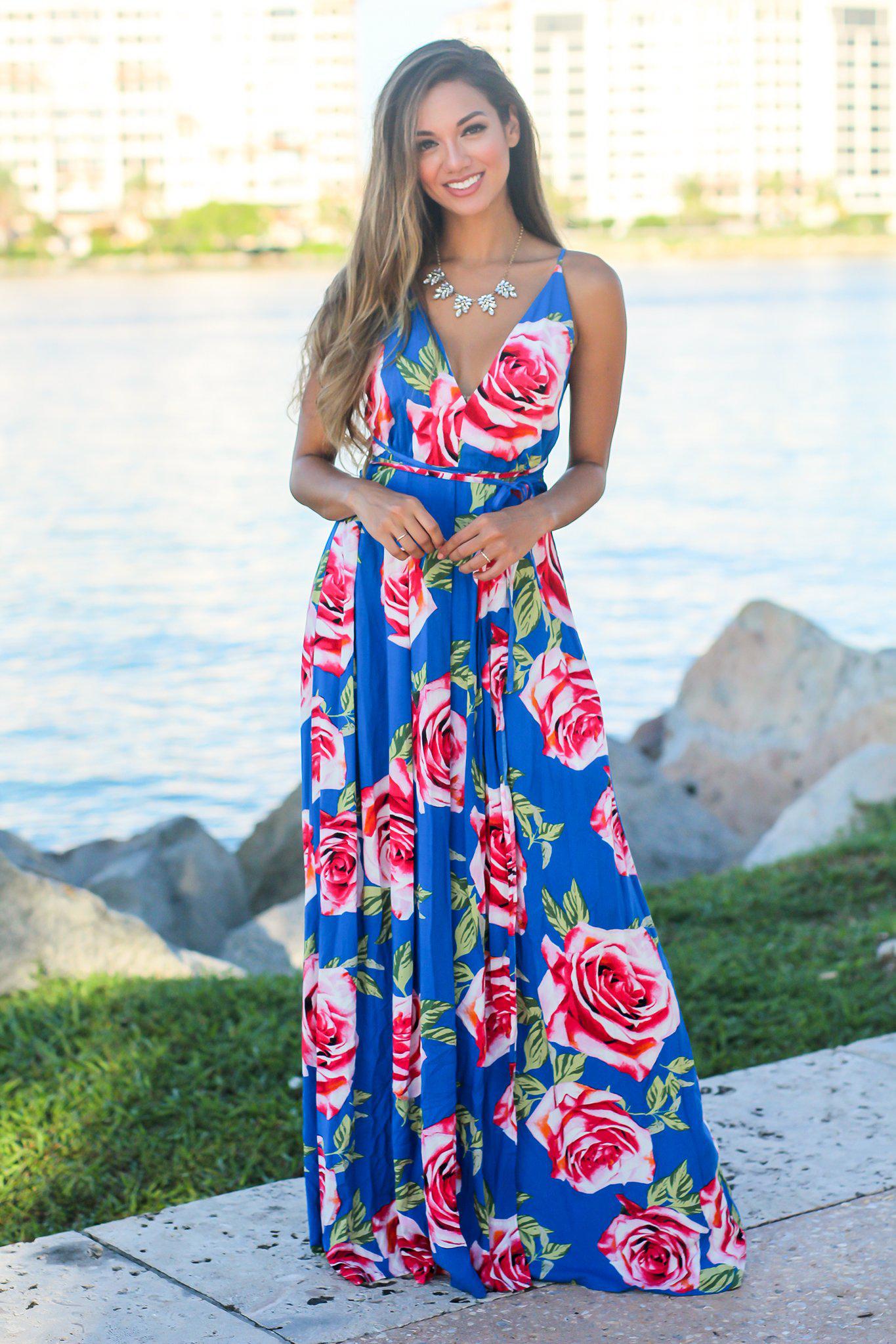 Blue Maxi Dress with Rose Print