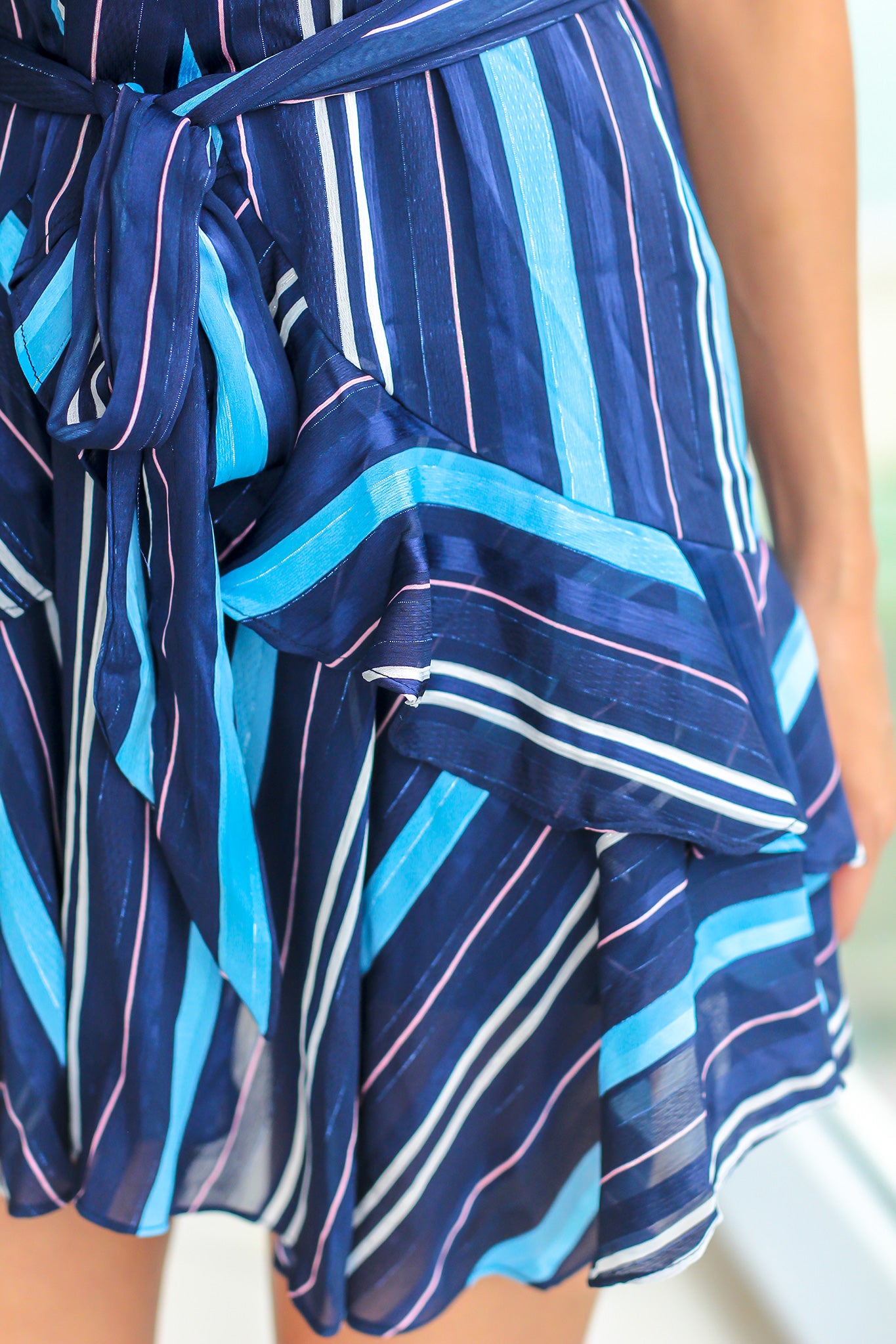 Blue Metallic Striped Short Dress with Ruffles