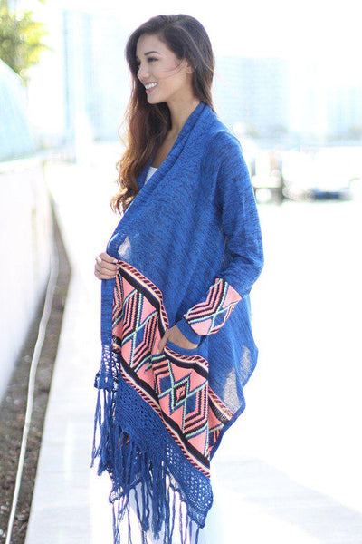 Blue and Neon Pink Long Cardigan