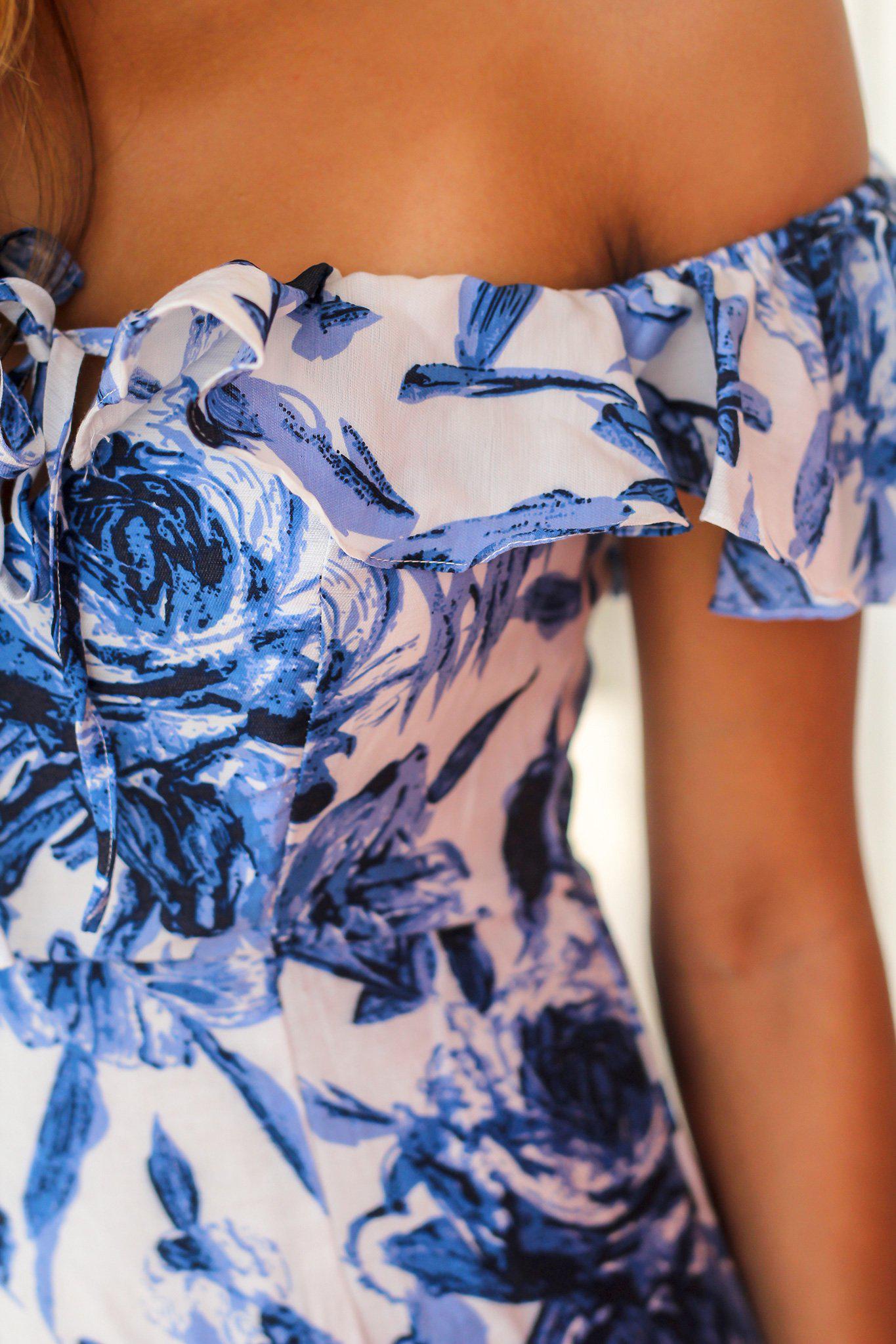 Blue Printed Short Dress with Ruffle Detail