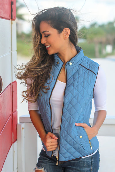 Blue Quilted Vest with Pockets