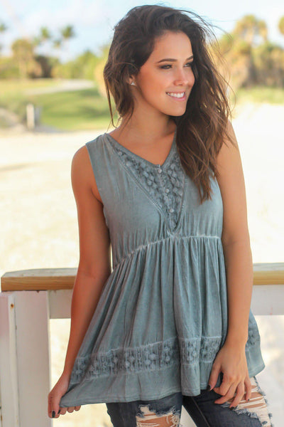 Blue Sage Top with Embroidered Detail