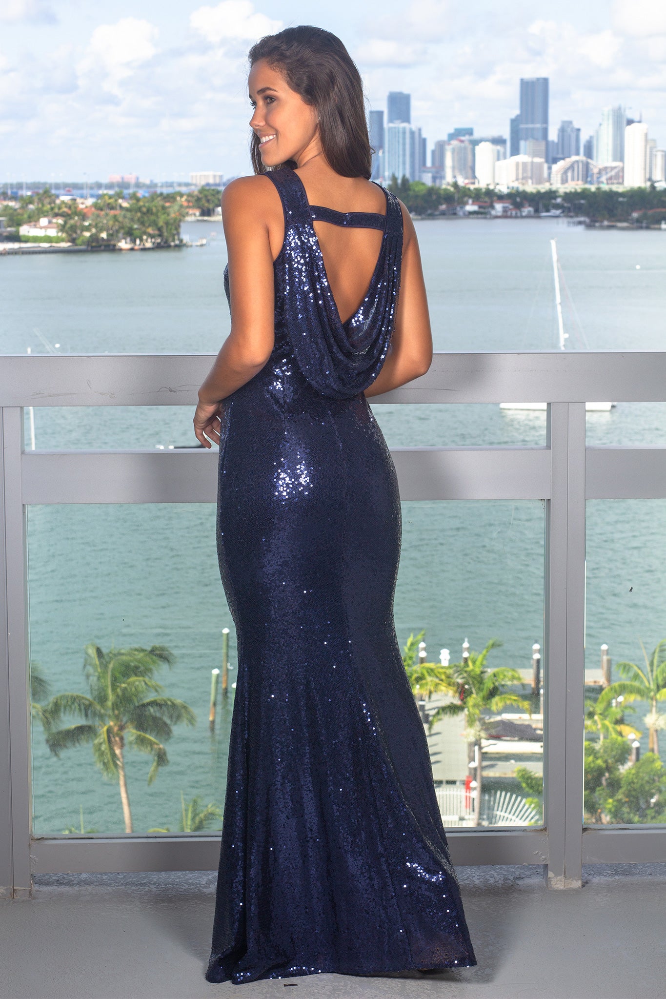 Blue Sequin Maxi Dress with Draped Back